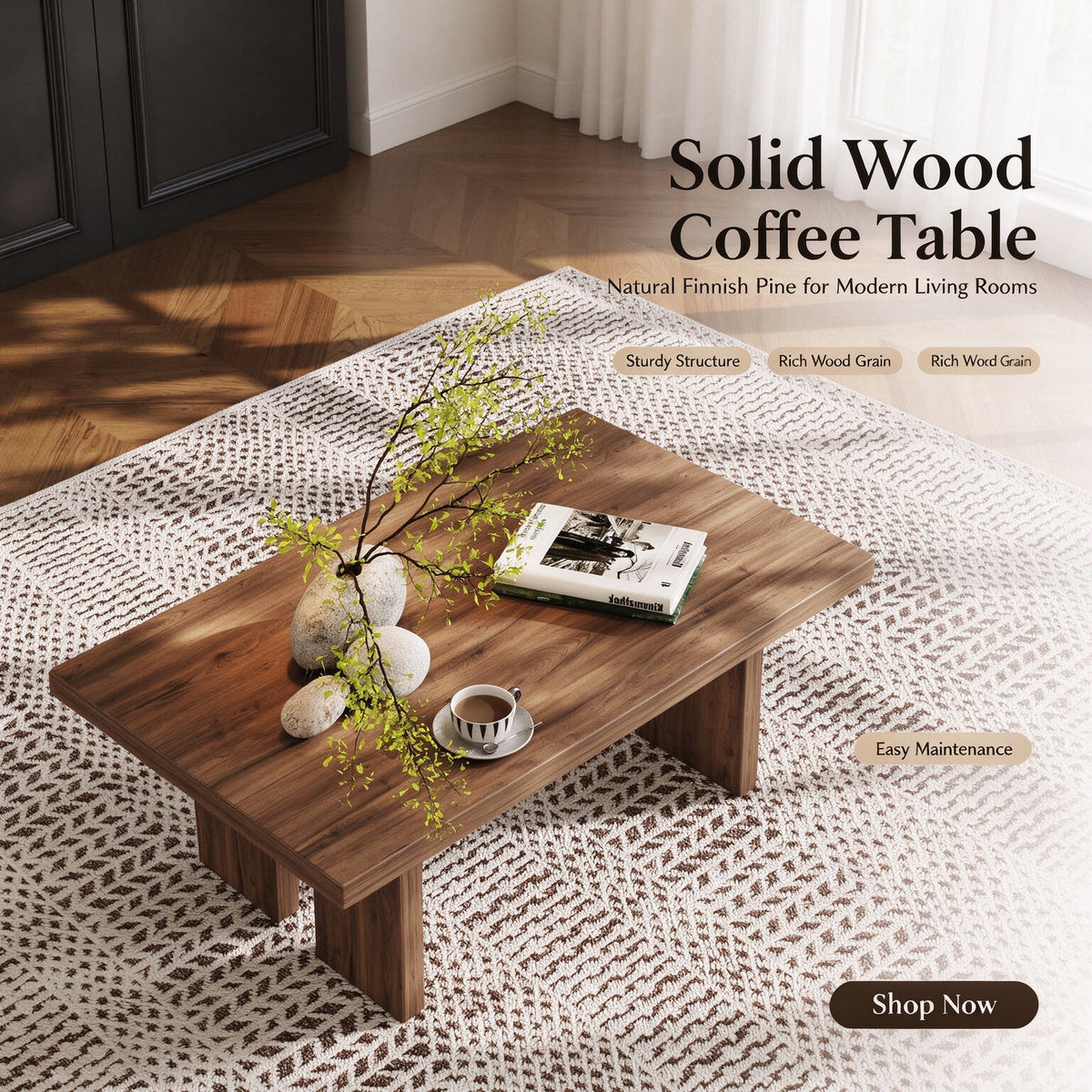 39.37" Solid Wood Coffee Table, 100% Real Wood Rectangular Center Table, 39.37" × 23.62" × 15.75", Modern Wooden Cocktail Table for Living Room, Apartment and Office