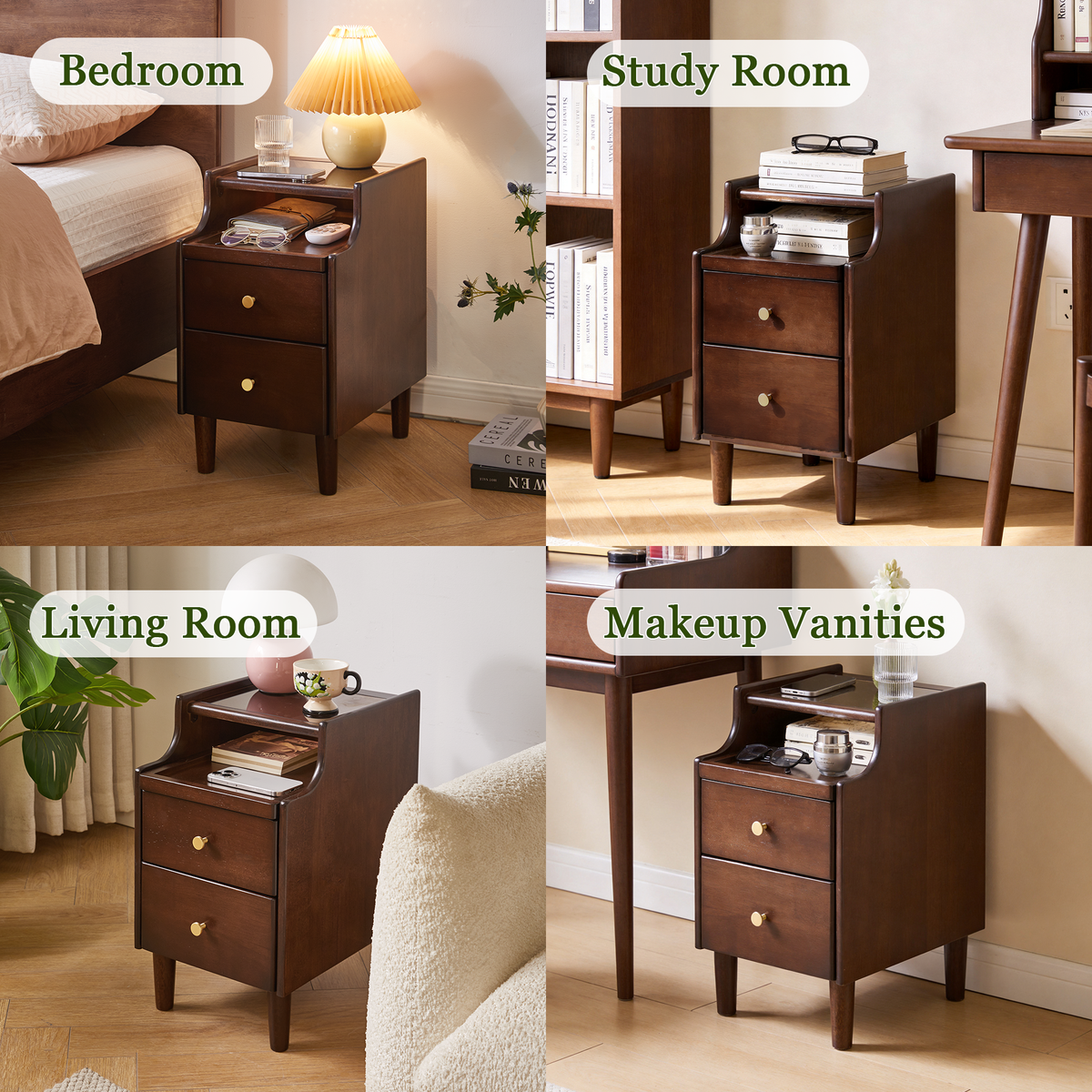 Solid Wood Nightstand with Two Drawers and Pull-out Panel Storage Bedside Table and Sofa Side Table