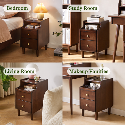 Solid Wood Nightstand with Two Drawers and Pull-out Panel Storage Bedside Table and Sofa Side Table