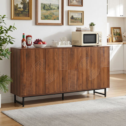 Mid-Century Modern Walnut Sideboard Buffet Cabinet, 59*16*33 inches Geometric Carved Storage Cabinet with Metal Legs, Multi-Purpose Credenza