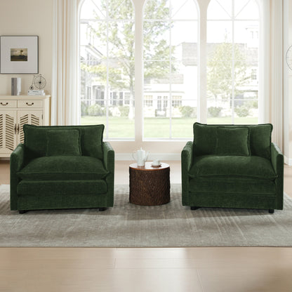 Accent Chair Set of 2, High-end Chenille Upholstered Armchairs, Living Room Side Chairs with Toss Pillow, Green Chenille