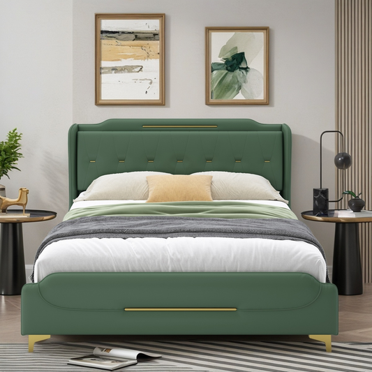 Queen Size Leather Bed frame with Wingback Headboard & Footboard, PU Upholstered Platform bed, Solid Wooden Slats Support, Easy Assembly