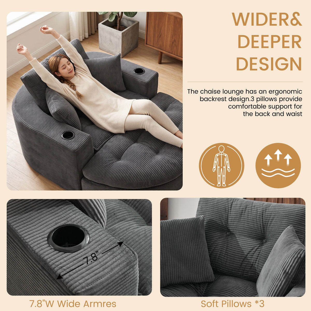 Oversized Dark Gray Round Chaise Lounge Sofa, Upholstered Lounge Chair with 3 Pillows, Boneless Sofa Couch with Ottoman, Deep Seat Chair for Living Room, Bedroom, No Assembly
