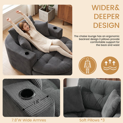 Oversized Dark Gray Round Chaise Lounge Sofa, Upholstered Lounge Chair with 3 Pillows, Boneless Sofa Couch with Ottoman, Deep Seat Chair for Living Room, Bedroom, No Assembly