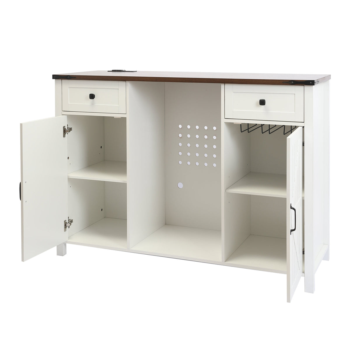 Farmhouse Coffee Bar with Mini Fridge Space & Built-in Charging Station,Large Bar Cabinet with Drawers & Adjustable Shelves for Kitchen, Dining Room, or Living Room, White