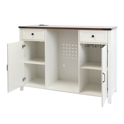 Farmhouse Coffee Bar with Mini Fridge Space & Built-in Charging Station,Large Bar Cabinet with Drawers & Adjustable Shelves for Kitchen, Dining Room, or Living Room, White