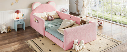 Twin Upholstered Kids Bed, Cute BearShaped Upholstered Floor bed, Children Bed Frame with Removable MagicTape Headboard, Low Floor Bed for Kids,White&Pink