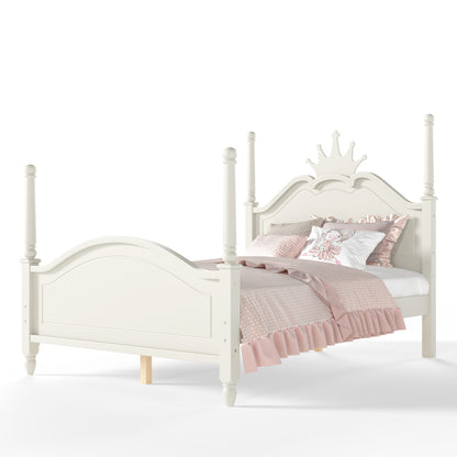 Full Size Crown Shaped Platform Bed, Four Poster Stylish Wooden Bed Frame, Elegant Curved Headboard Bed Frame For Bedroom,Beige