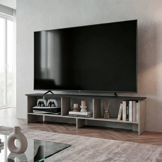 Blacksburg Modern TV Stand for 60 Inch TV, White and Natural Wood Entertainment Center with Open Storage Shelves for Living Room, Media Console Table