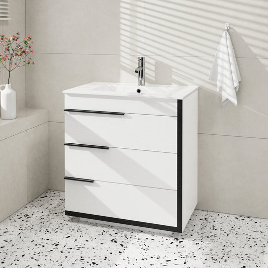 30 Inch Freestanding Bathroom Vanity with Ceramic Sink Combo, Modern 3-Drawer Storage Vanity Cabinet with Soft-Close Slides and DIY Positionable Handles, Black & White Wood Grain Finish