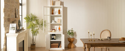 75.25'' Tall Freestanding Pantry Cabinet with Glass Door & Lattice Window, Farmhouse Display Cabinets with Storage, Hutch with Double-Action LH&RH Door, for Hallways, Livingroom Kitchen & Office,White