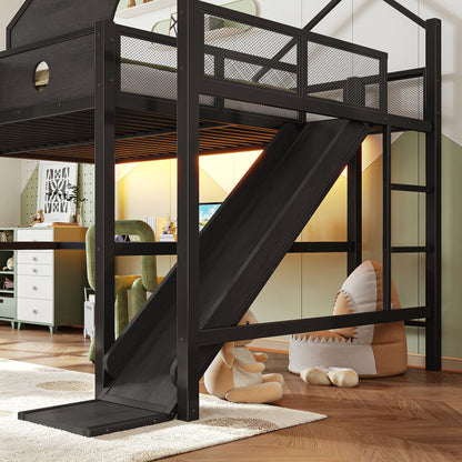 Queen Size Multifunctional Loft Bed with Slide, Desk,and Storage Shelves, Metal Loft Bed Frame With USB Ports And Led Lights, Triangular Geometry House Design, Black