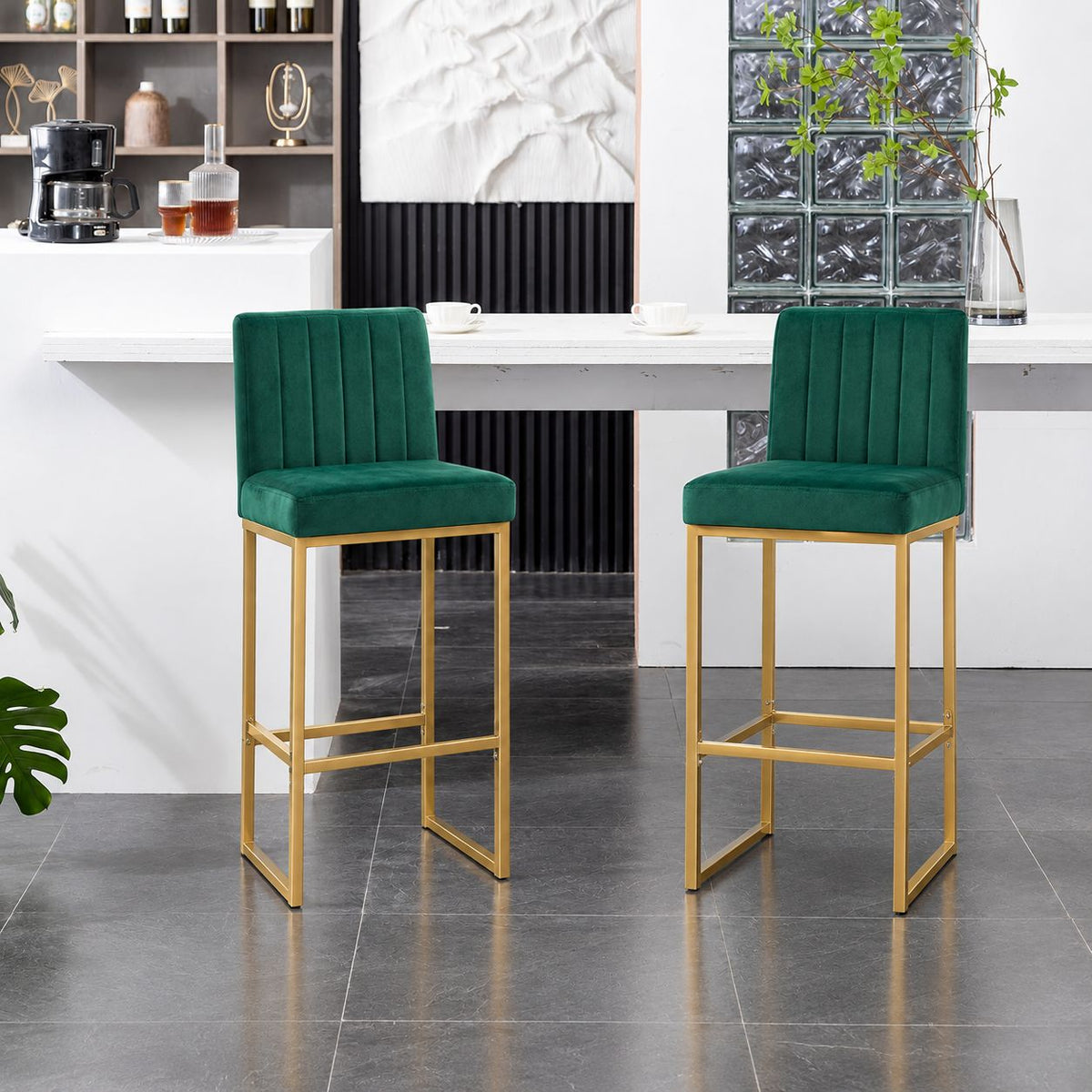 25.6 Inch Counter Height Bar Stools Set of 2 with Velvet Cushion and Back Modern Bar Chairs for Kitchen Island Counter with Metal Leg for Restaurant Dining Room Office, Green and Gold