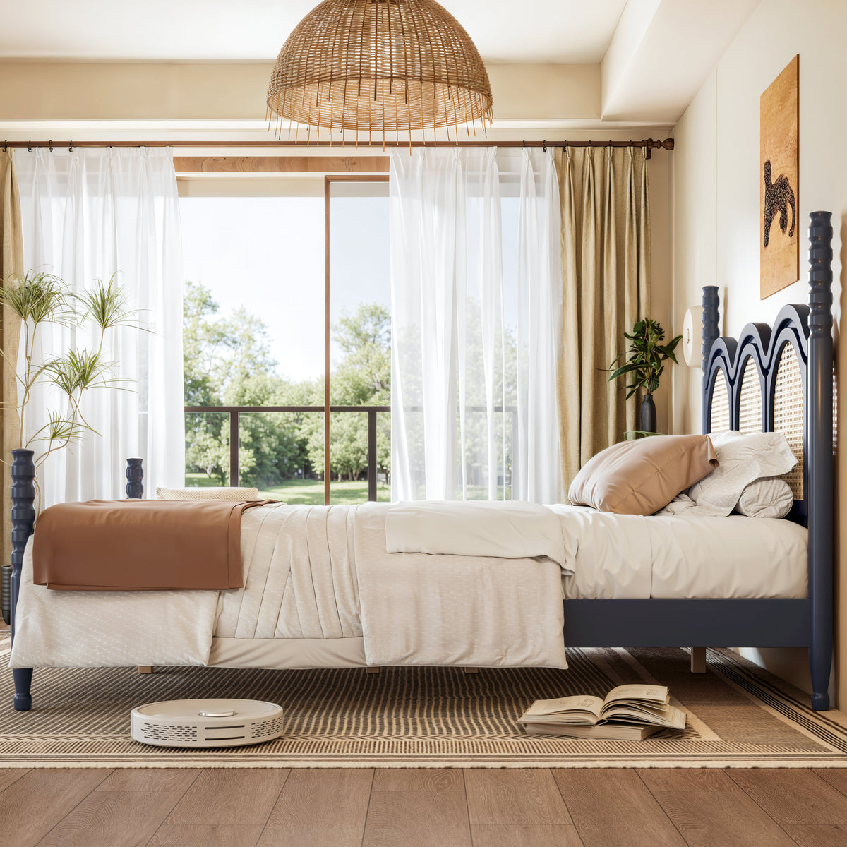 Queen Size Platform Bed with Arched Woven Headboard, Four Poster Stylish Wooden Bed Frame, Elegant Curved Headboard Bed Frame For Bedroom,Blue
