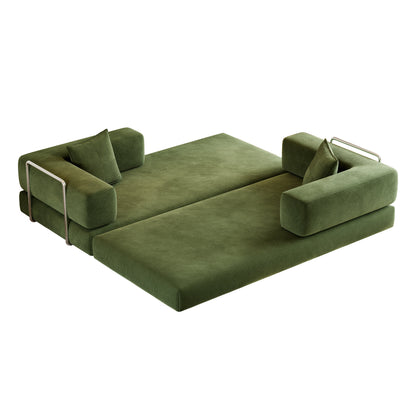 79-Inch Teddy Couch Convertible Sleeper Sofa Bed, 5-in-1 Corduroy Floor Sofa with High-Density Foam, Metal Back and Arm Supports, Washable Cover and Side Pockets, Green