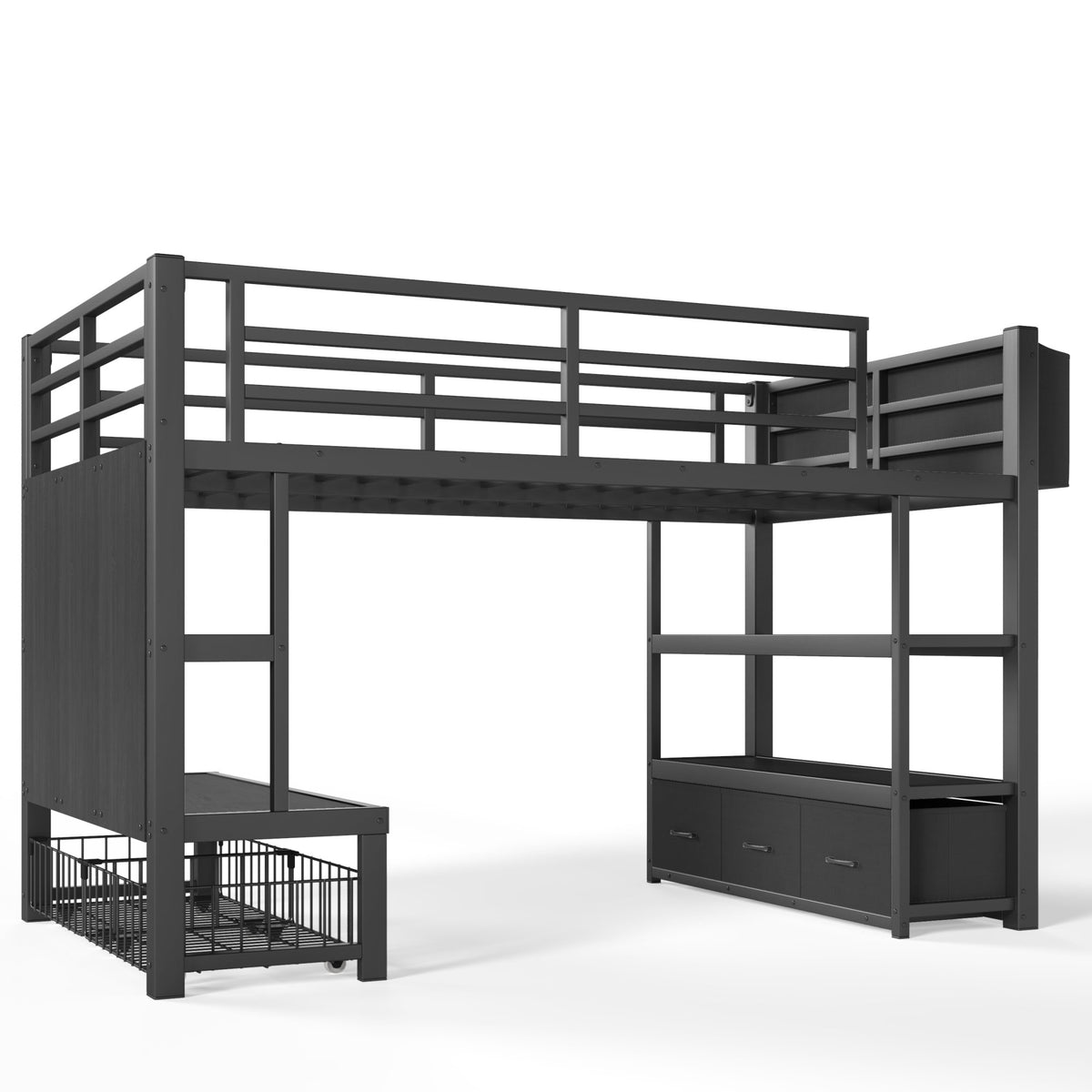 Twin Metal Low Loft Bed for Kids, Low Loft Bed with Storage Drawer, Low Loft Bed with Bookshelf & Storage Bag, Sturdy Low Loft bed Frame with Open Storage Space for Bedroom, Black