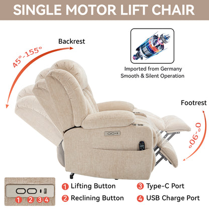 Up to 350 LBS Chenille Power Lift Recliner Chair, Heavy Duty Motion Mechanism with 8-Point Vibration Massage and Lumbar Heating, USB and Type-C Ports, Stainless Steel Cup Holders, Beige