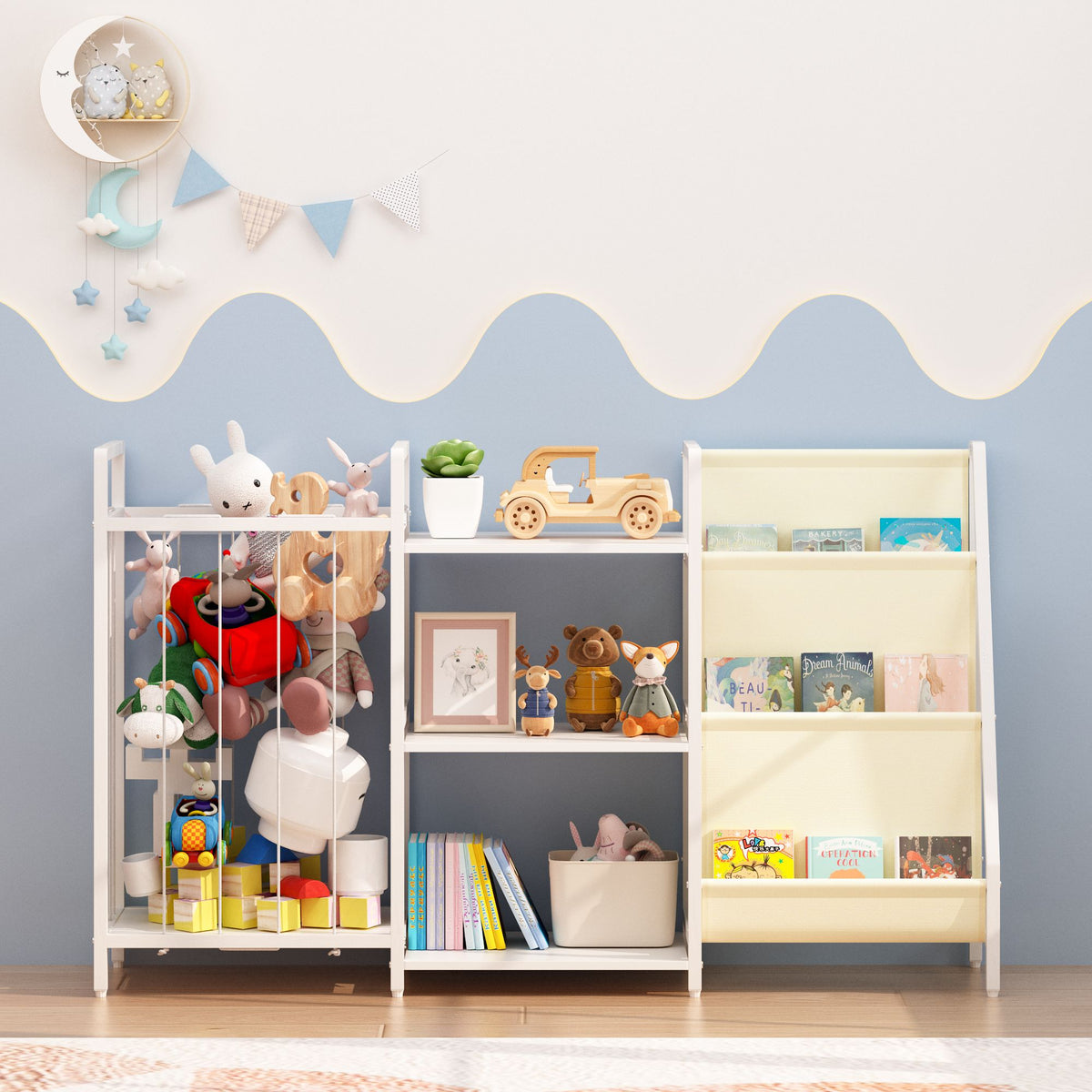 Kids Bookshelf and Toy Storage, 3-in-1 Book Shelf for Kids Rooms, Sling Baby Bookcase with Stuffed Animal Storage, Toddler Montessori Bookshelf for Nursery, Playroom, Kindergarten, White