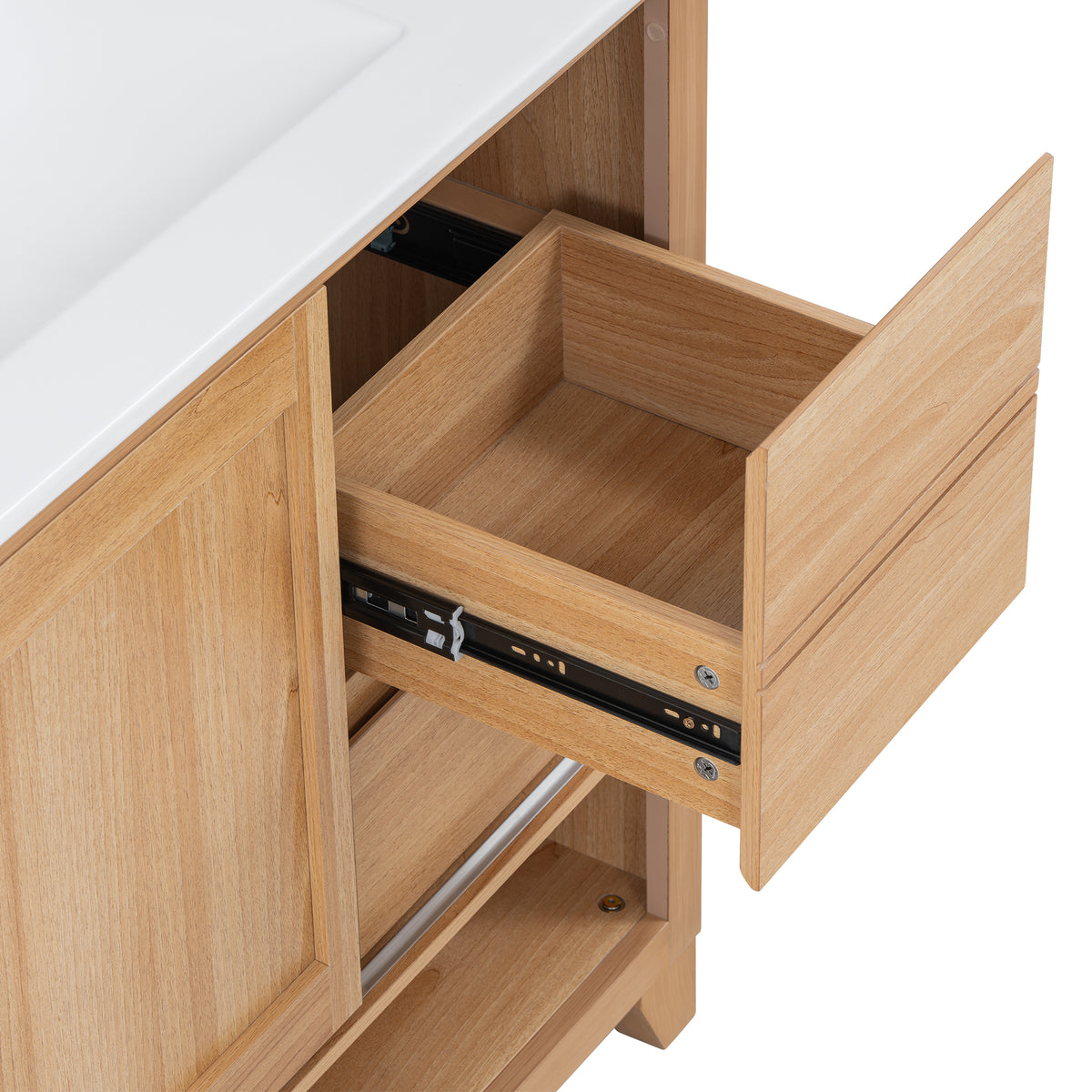 [Video] 36" Bathroom Vanity with Ceramic Sink, Bathroom Cabinet with Drawers, Solid Wood Legs, Soft-close Slides, Single Package, Natural
