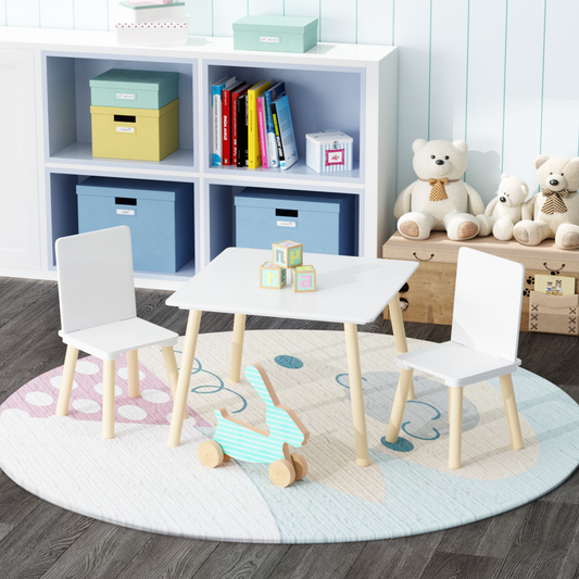 Kids Table and 2 Chairs Set, 3 Pieces Toddler Table and Chair Set, Wooden Activity Play Table Set - White