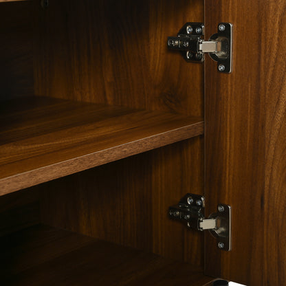 U-Can American Style TV Stand with Rattan Arched Doors, Drawers, Hidden Storage, Steel Legs, Rounded Corners