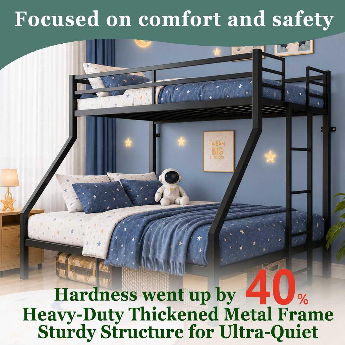 Heavy Duty Twin over Queen Metal Bunk Bed with 1200 LBS Capacity, Noise-Free Structure with Wall Mount & Anti-Slip Ladder