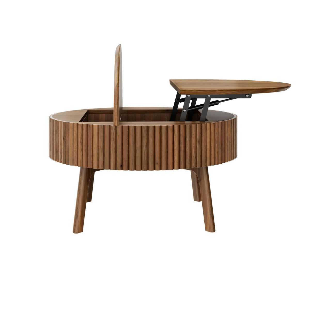 Modern Round Lift-Top Coffee Table with Half Flip-Top & Hidden Storage, Solid Wood Mid-Century Coffee Table with Fluted Design, 30.3' Walnut Space-Saving Center Table for Living Room