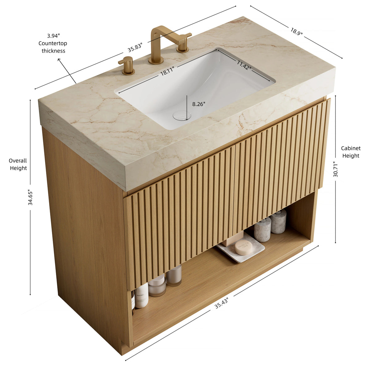 FINO 36" Bathroom Vanity&Sink,Freestanding Cabinet,Cream Gold Vein Sintered Stone Top&Ceramic Basin with 3 Pre-drilled Faucet Holes, Disassembled, Faucet & Drain Excluded, Corolla Oak Woodgrain Color