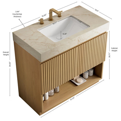 FINO 36" Bathroom Vanity&Sink,Freestanding Cabinet,Cream Gold Vein Sintered Stone Top&Ceramic Basin with 3 Pre-drilled Faucet Holes, Disassembled, Faucet & Drain Excluded, Corolla Oak Woodgrain Color