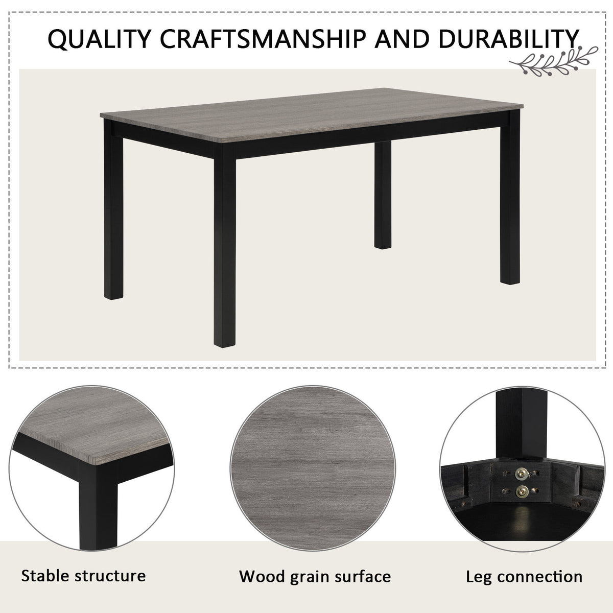 Modern 6-Piece Dining Table Set with Bench and Chairs for Dining Room or Kitchen - Light Grey & Black Two-Tone