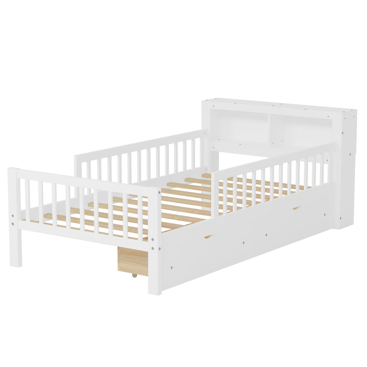 Twin Size Bed with Headboard Storage Rack, Two Under-Bed Drawers, Three-Side Guardrails for Safety and Security, White