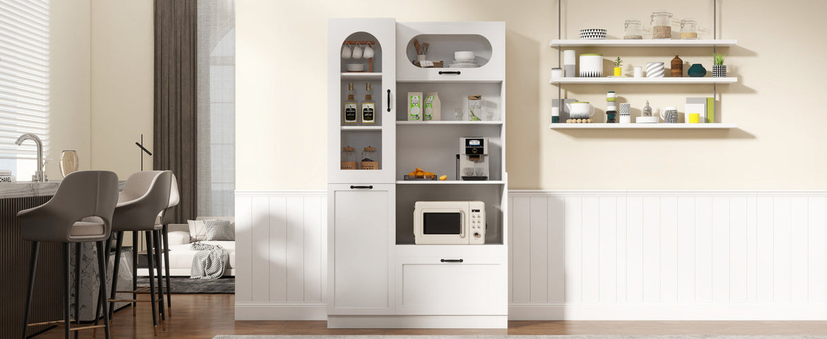 TREXM Tall Freestanding Kitchen Pantry Cabinet with Arched Glass Door, Flip-Up Cabinet Door, Pull-Out Shelves & Drawer, Adjustable Shelves, Storage Cupboard for Kitchen Dining Room (White)