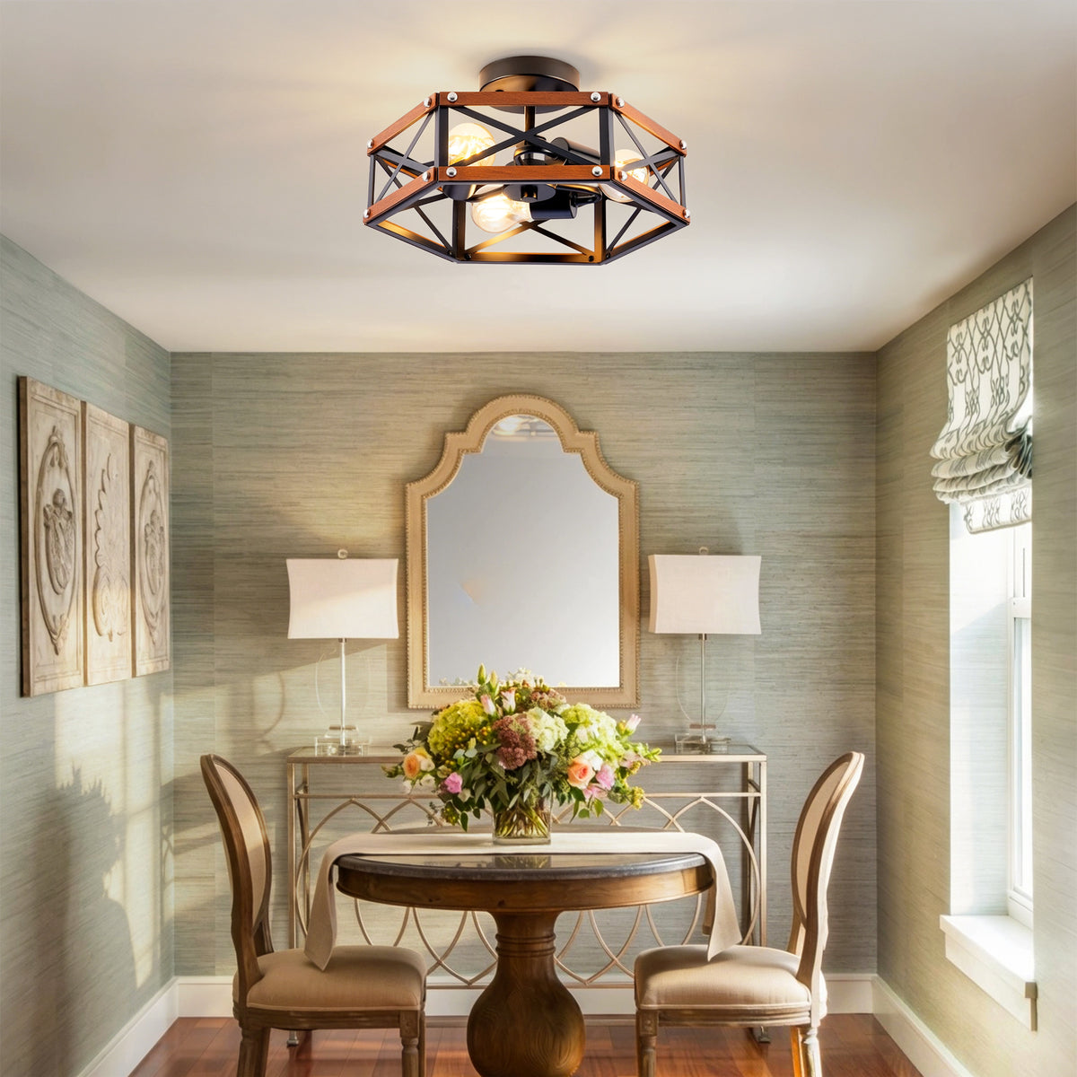 Rustic Farmhouse Wood Flush Mount Ceiling Light Fixture 14.57 inch Wood and Metal Cage Semi Flush Mount Ceiling Light for Hallway Entry Dining Farmhouse Bedroom Living Room,--Matte Black
