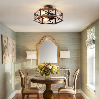 Rustic Farmhouse Wood Flush Mount Ceiling Light Fixture 14.57 inch Wood and Metal Cage Semi Flush Mount Ceiling Light for Hallway Entry Dining Farmhouse Bedroom Living Room,--Matte Black
