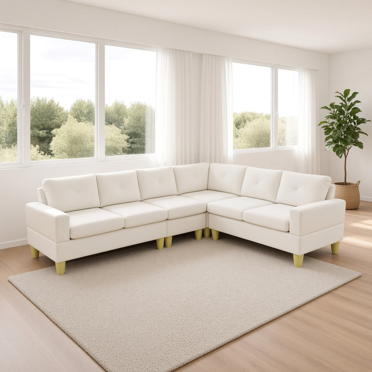 95.5 x 75 Inches Width Beige Modular L-Shaped Sectional Sofa 6-Seater 4-Piece Massa Flannel Fabric Couch with Chaise