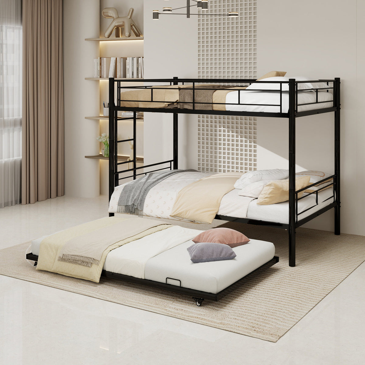 Heavy-duty Sturdy Metal Twin over Twin Bunk Bed with Noise Reduction, Safety Guardrail, No Box Spring Needed, Black