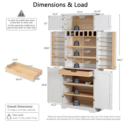 K&K 78.2" Tall Farmhouse Kitchen Pantry Cabinet with 8 Door Shelves, Storage Cabinet with 4 Adjustable Shelves, Hidden Drawer, Wine Rack