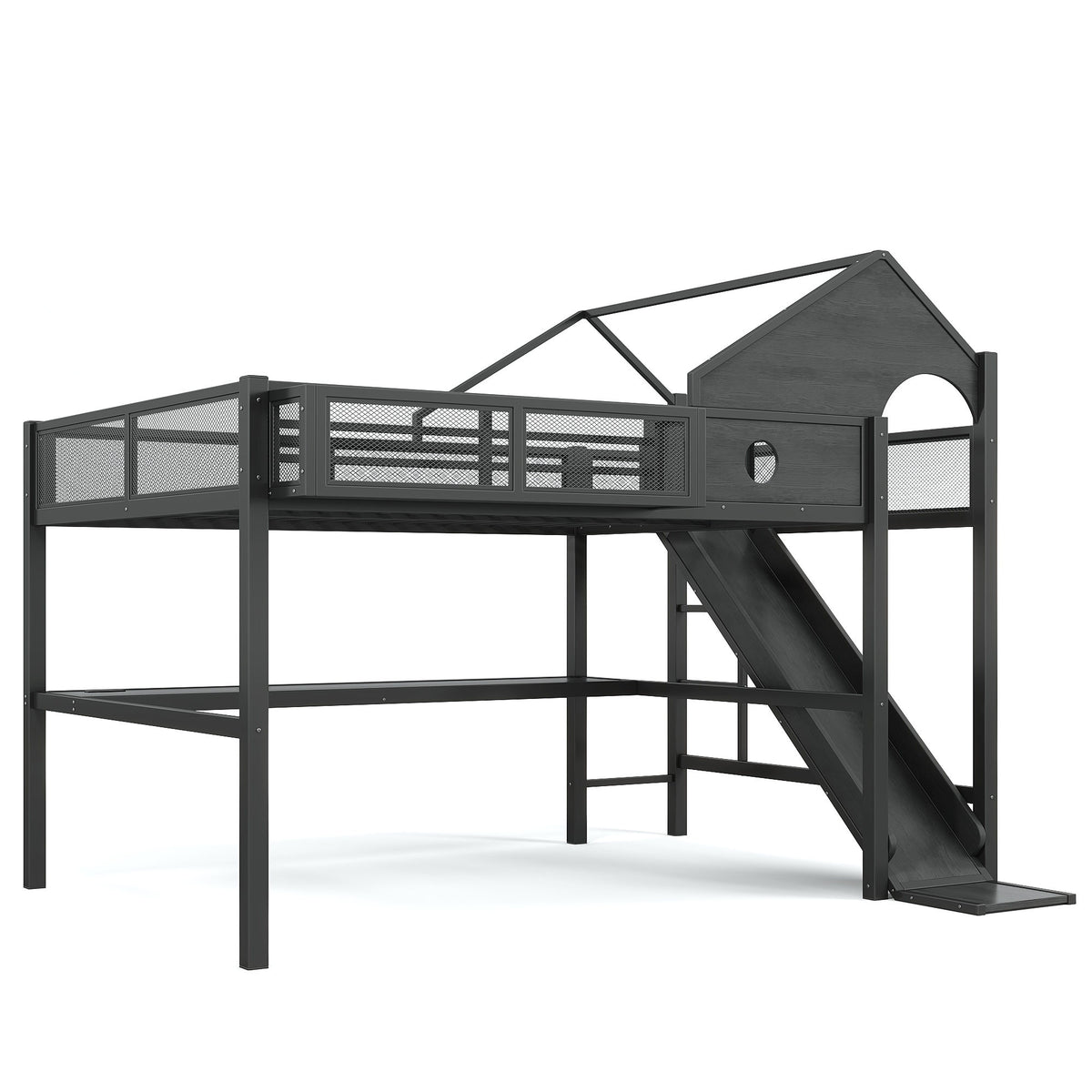 Queen Size Multifunctional Loft Bed with Slide, Desk,and Storage Shelves, Metal Loft Bed Frame With USB Ports And Led Lights, Triangular Geometry House Design, Black