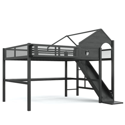 Queen Size Multifunctional Loft Bed with Slide, Desk,and Storage Shelves, Metal Loft Bed Frame With USB Ports And Led Lights, Triangular Geometry House Design, Black
