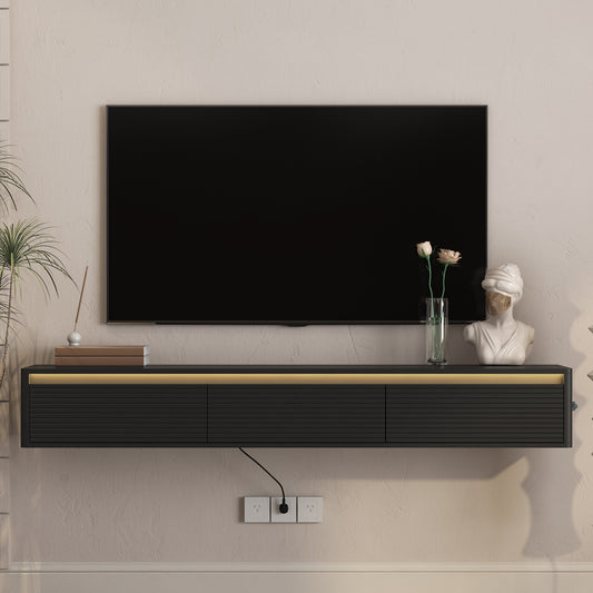 Floating TV Stand,Wall Mounted TV Shelf with Led Lights & Power Outlet,Fluted TV Cabinet for tv Stands for Living Room