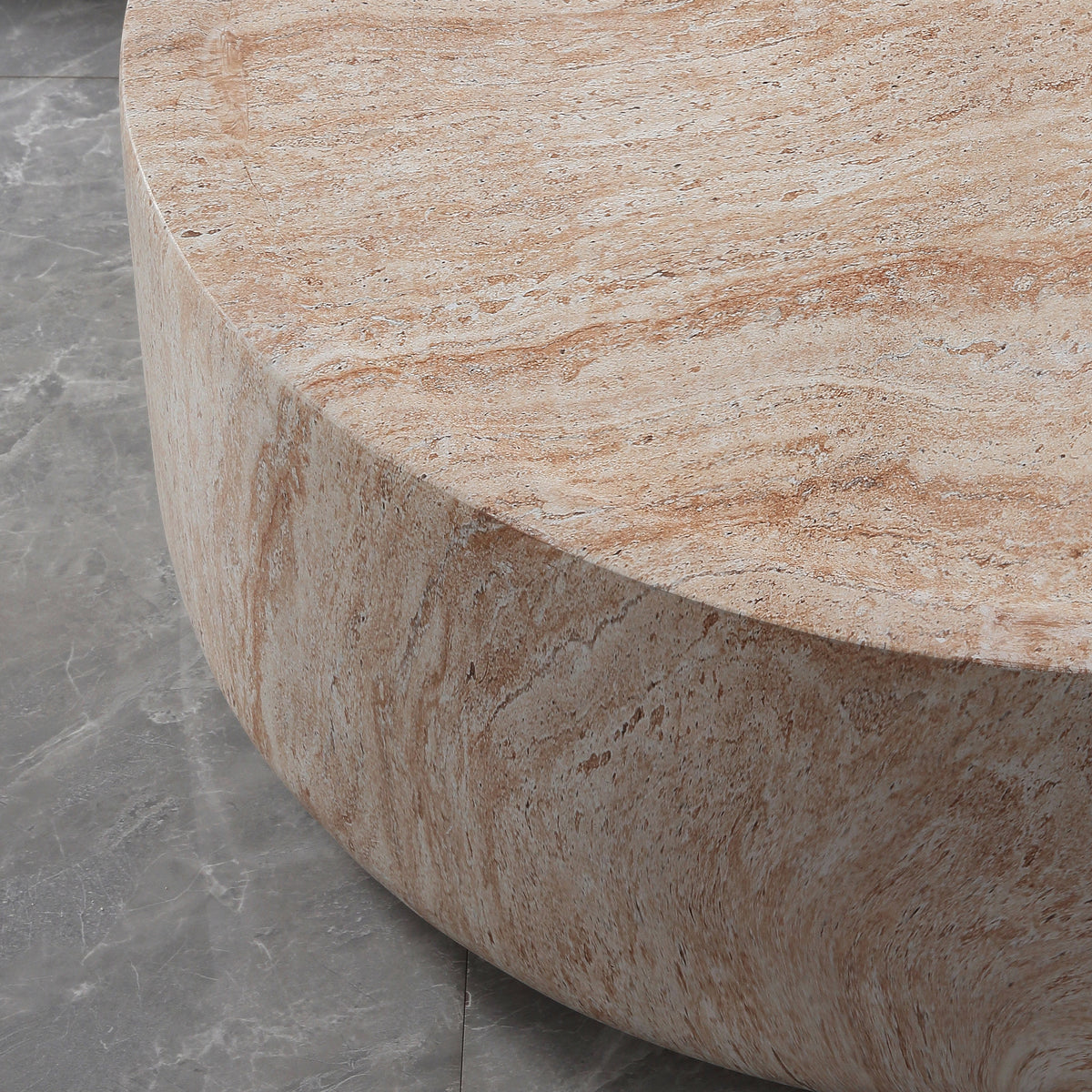 Round Cylinder Coffee Table, MgO Faux Travertine Low Profile Accent Coffee Table, Indoor & Outdoor Decorative Center Table for Living Room Patio, Dia 31.89" x H 12.01"
