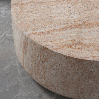 Round Cylinder Coffee Table, MgO Faux Travertine Low Profile Accent Coffee Table, Indoor & Outdoor Decorative Center Table for Living Room Patio, Dia 31.89" x H 12.01"