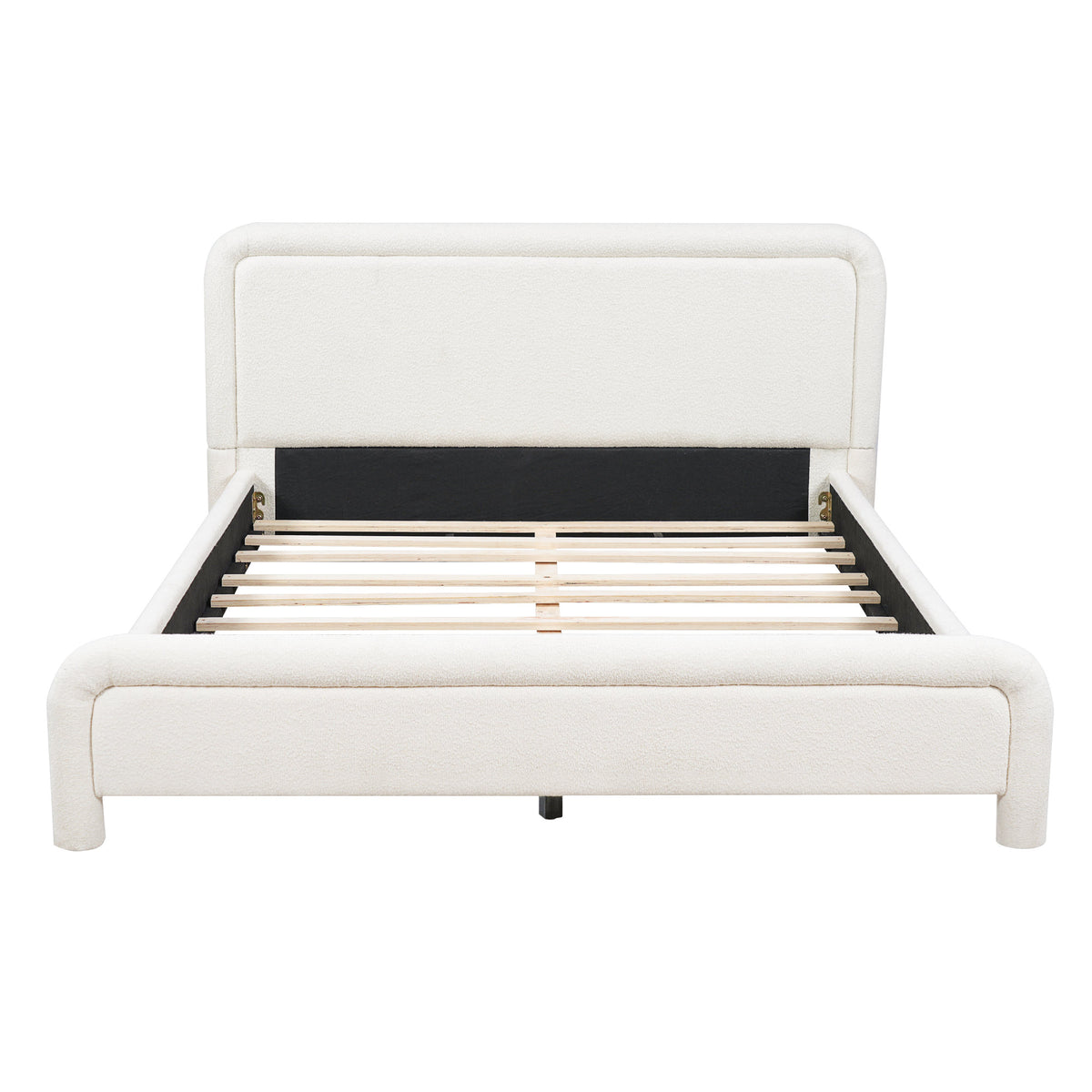 Modern White Boucle Upholstered Queen Platform Bed Frame with Curved Headboard, Wood Slats Support, No Box Spring Needed, Easy Assembly