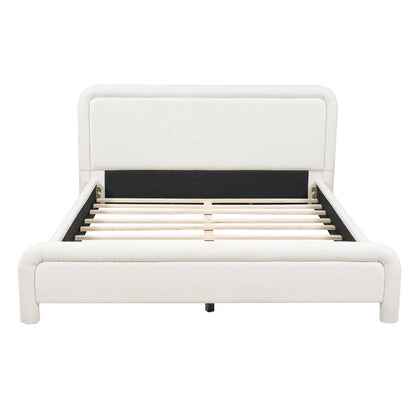 Modern White Boucle Upholstered Queen Platform Bed Frame with Curved Headboard, Wood Slats Support, No Box Spring Needed, Easy Assembly