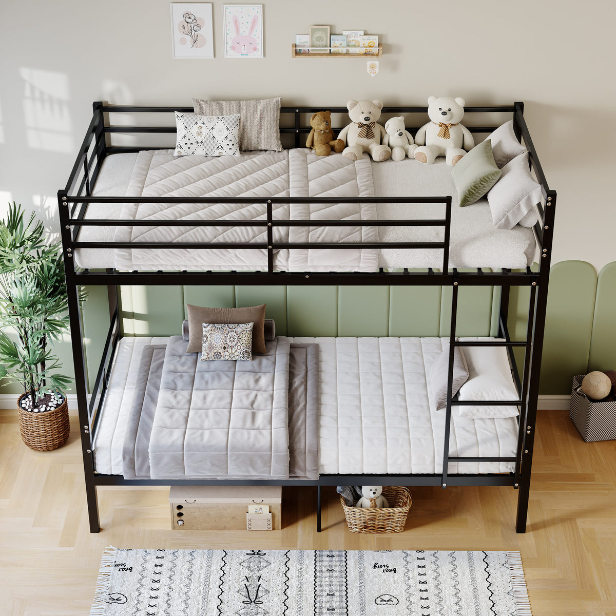Metal bunk bed (single bed), suitable for children/teenagers/adults. 14.17-inch high guardrails. Single bunk with 19 crossbars and a weight capacity of over 400 lbs. Under-bed storage. Black.