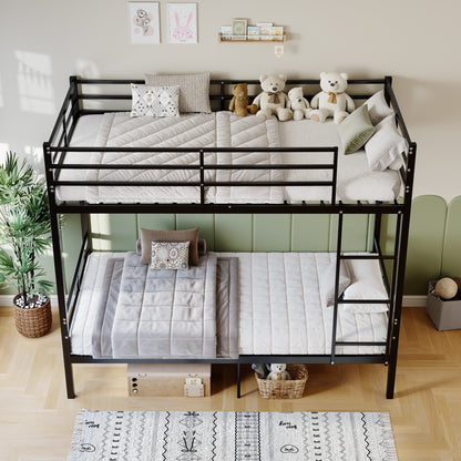 Metal bunk bed (single bed), suitable for children/teenagers/adults. 14.17-inch high guardrails. Single bunk with 19 crossbars and a weight capacity of over 400 lbs. Under-bed storage. Black.