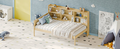 Twin Size Solid Wood Single Bed with Large Multi-compartment Storage Headboard Bookshelf, Simple Solid Wood Bed Frame, Multi-functional Storage Bed for Bedroom,Natural