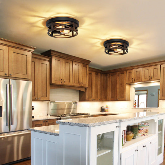 2 Pack 2-Light Matte Bronze Industrial Flush Mount Ceiling Light, Hollow Crisscross Metal Cage Close to Ceiling Light Fixtures, Farmhouse Round Ceiling Lamp for Hallway Kitchen Entryway(No light bulb)