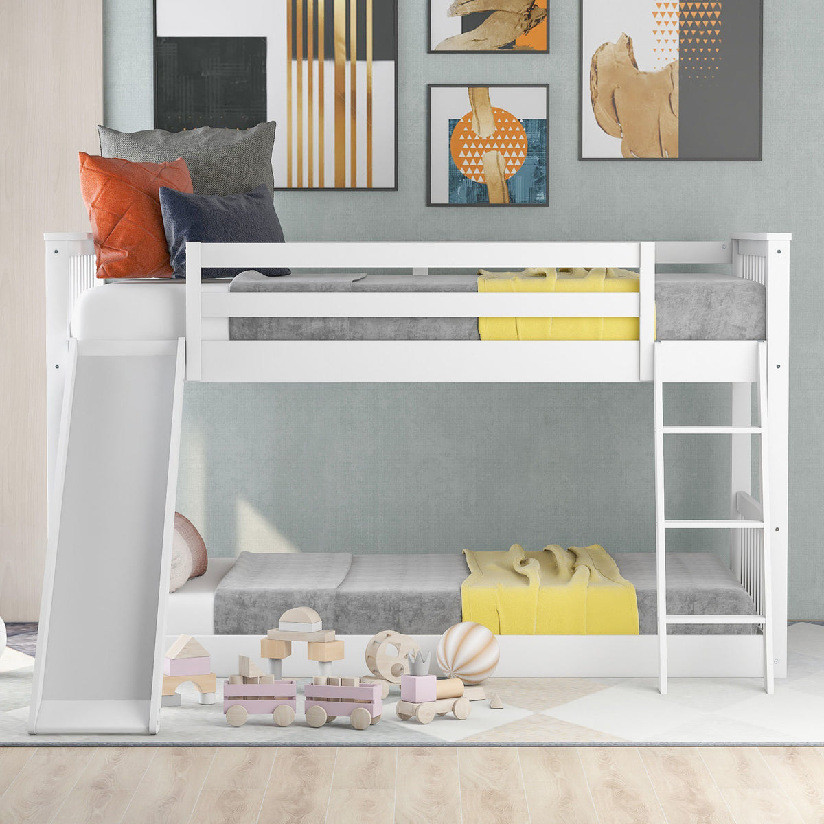 White Twin over Twin Bunk Bed with Convertible Slide and Ladder, Pine Wood, 79.1''L x 42.1''W x 49.4''H