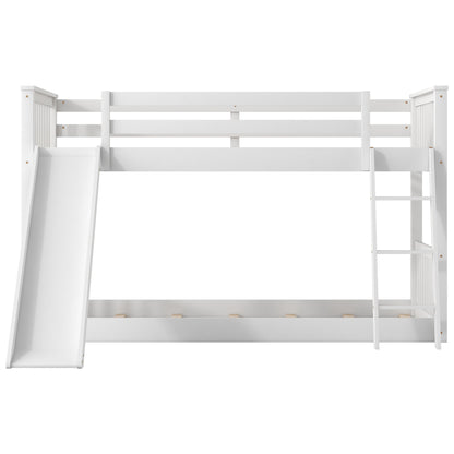 White Twin over Twin Bunk Bed with Convertible Slide and Ladder, Pine Wood, 79.1''L x 42.1''W x 49.4''H